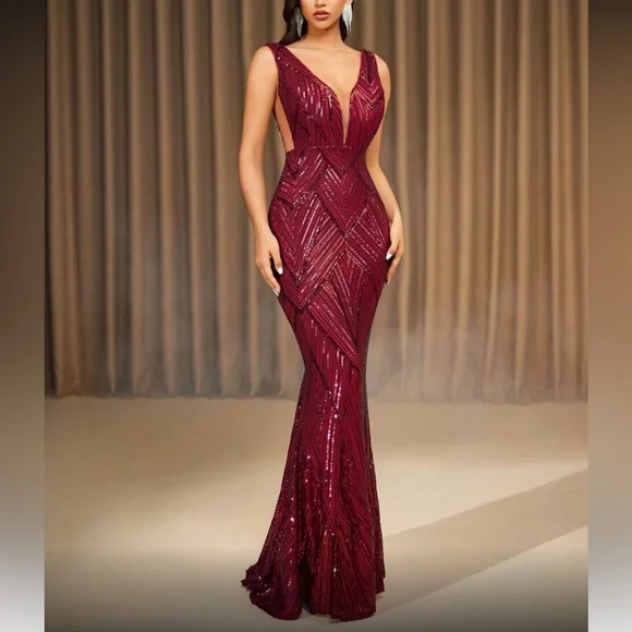 Luxe mermaid hem back evening party formal prom wedding sequin dress - Picture 4 of 6